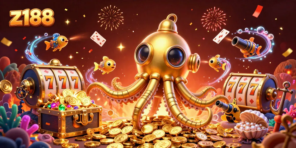 Engage with z188's vibrant casino environment featuring golden kraken and slot reels.