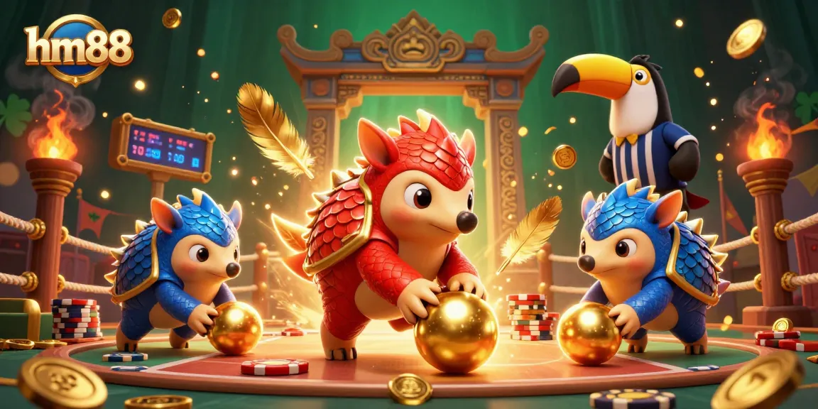 hm88 features rival pangolins bowling through poker chips in a dynamic 3D casino scene.