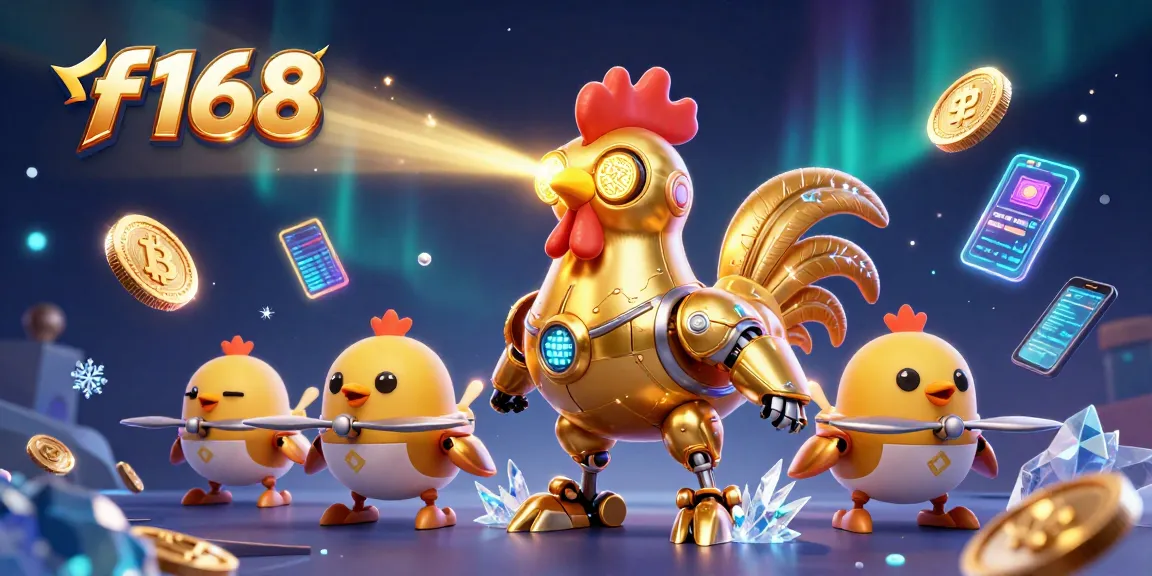 Engage with f168's exciting gaming action featuring a golden rooster robot and Bitcoin elements.