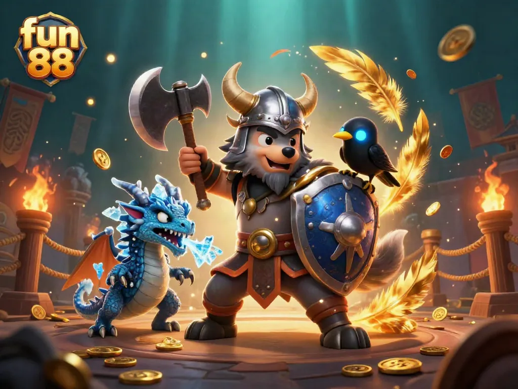 Experience fun 88's thrilling adventure with our Viking warrior, dragon, and raven amidst gold coins in an energetic scene.