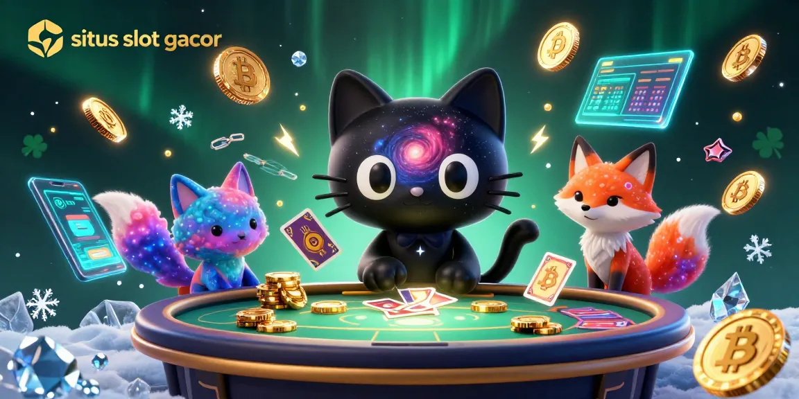 Experience exciting gameplay on situs slot gacor with a vibrant cosmic casino scene featuring a captivating black hole cat and nebula fox.
