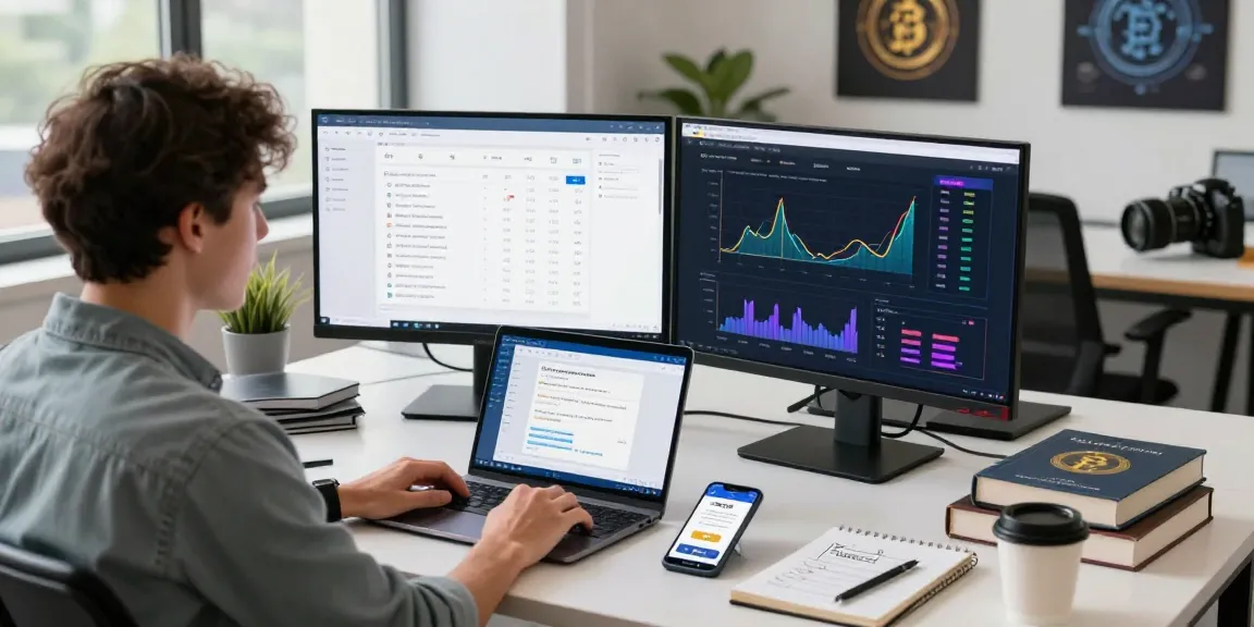 Focused individual recovering lost crypto at a modern desk with multiple screens and digital wallet displays.