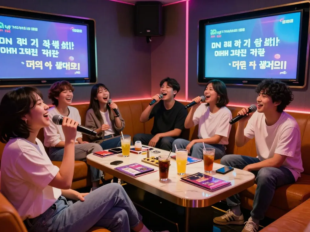 다채로운 장식과 활기찬 분위기가 돋보이는 3no.org/bupyeong의 개인 노래방에서 친구들과 함께 노래 부르기.