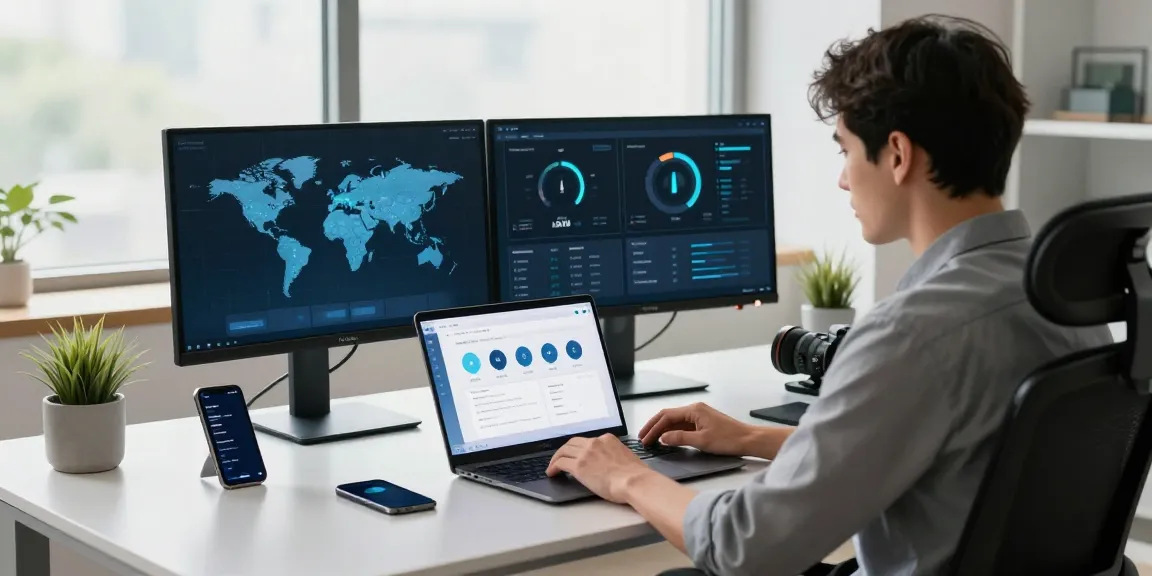 快连 VPN user engaging with a laptop in a modern office, showcasing high-speed connectivity.