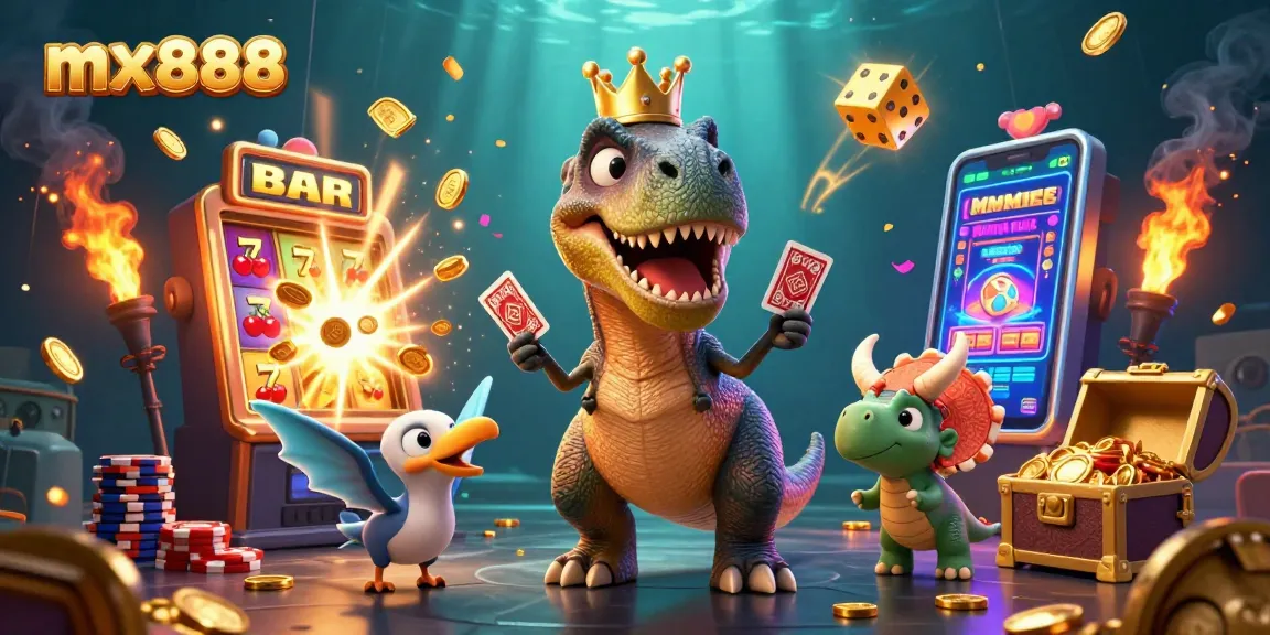 Experience the excitement of mx888 casino with a vibrant T-Rex, pterodactyl, and triceratops amid a jackpot explosion.