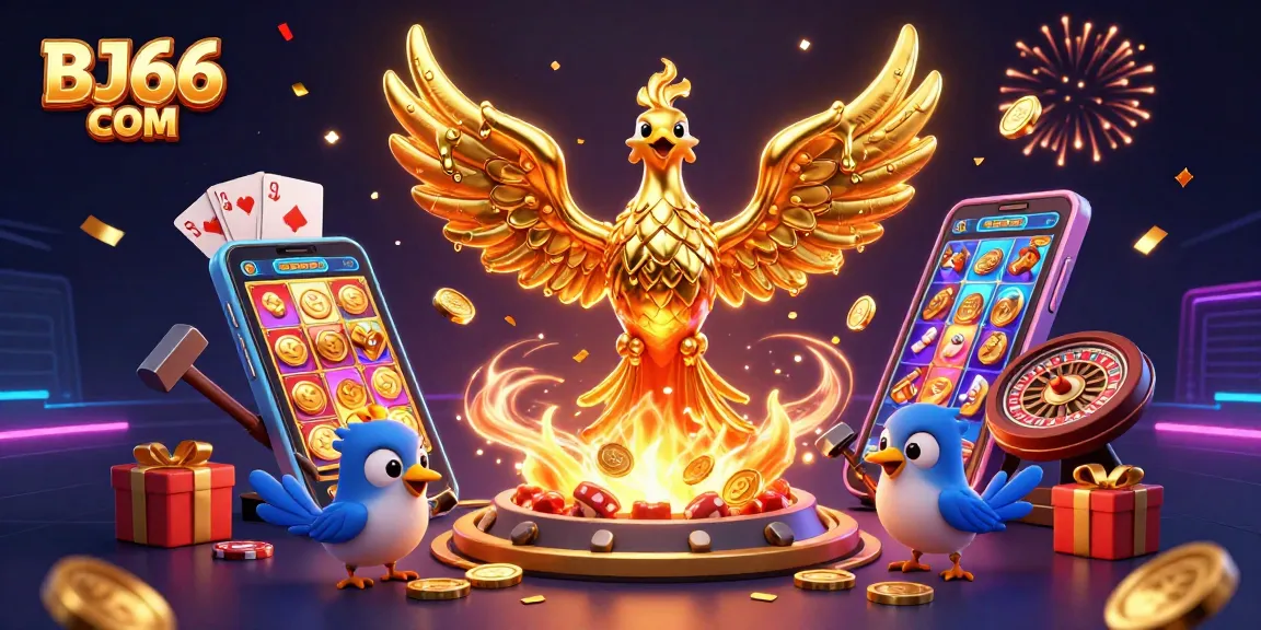 Bet on thrilling games at BJ66 COM with lively phoenix and molten gold illustrations.