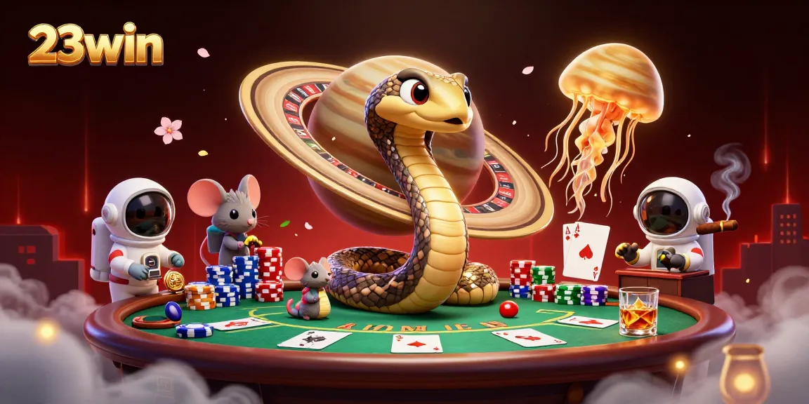 Experience the thrill of betting on 23win with astronaut mice and a cosmic dealer in a dynamic casino scene.