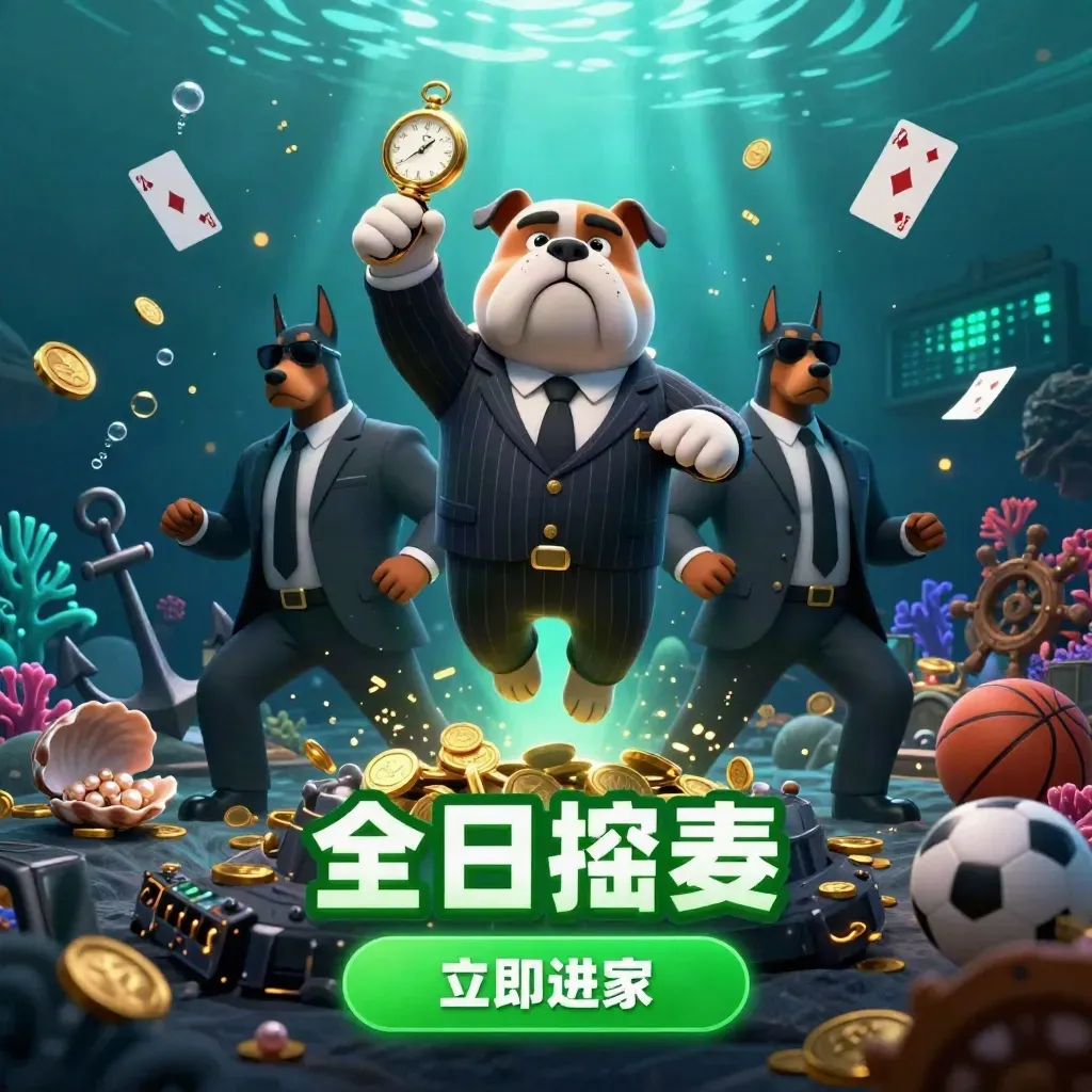 Mafia bulldog and Doberman guards amid coins, coral, cards, sports props in a glowing treasure cove.
