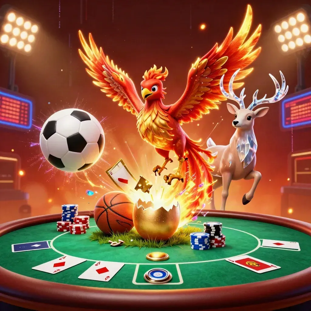 Fire phoenix, baby phoenix, and crystal stag burst amid poker chips, cards, and a flying soccer ball.