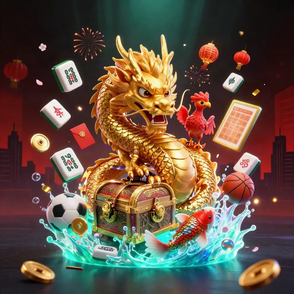 Golden dragon, phoenix, koi and casino icons burst with neon light over a dark sportsbook skyline.