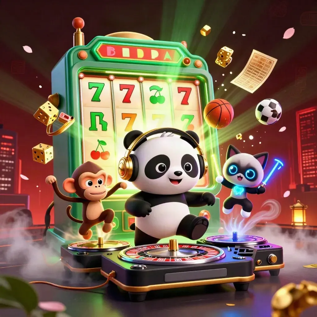 Panda DJ, monkey and rave kitten amid casino burst, dice and neon skyline