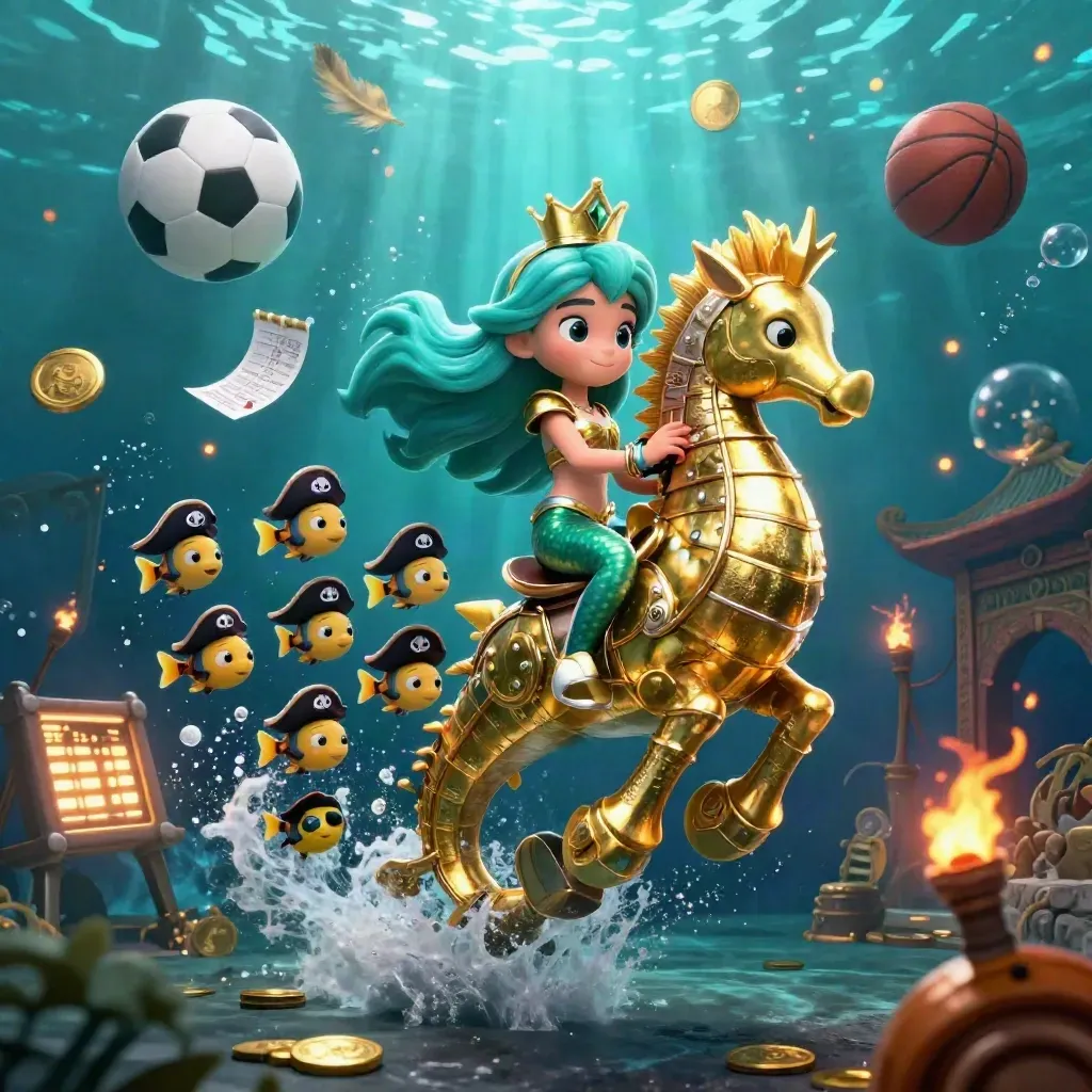 Mermaid princess on a golden seahorse with pirate fish, sports balls and coins in a neon underwater casino scene.