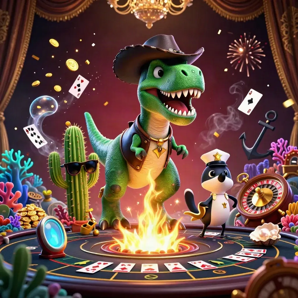 Cowboy T-Rex, cactus sidekick, and sheriff roadrunner in a luxe casino-treasure scene.