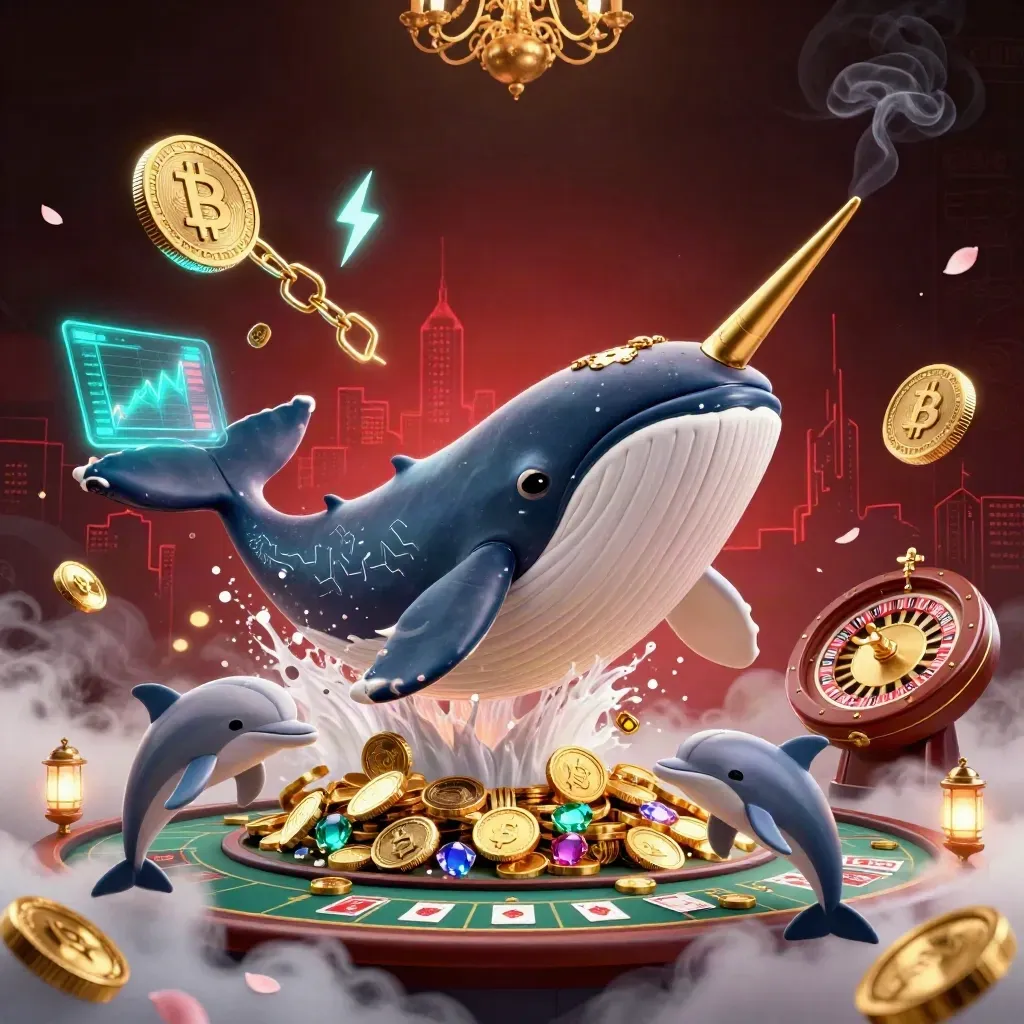 Whale captain, narwhal, and dolphins in a neon coin storm inside a red-lit luxury casino room.