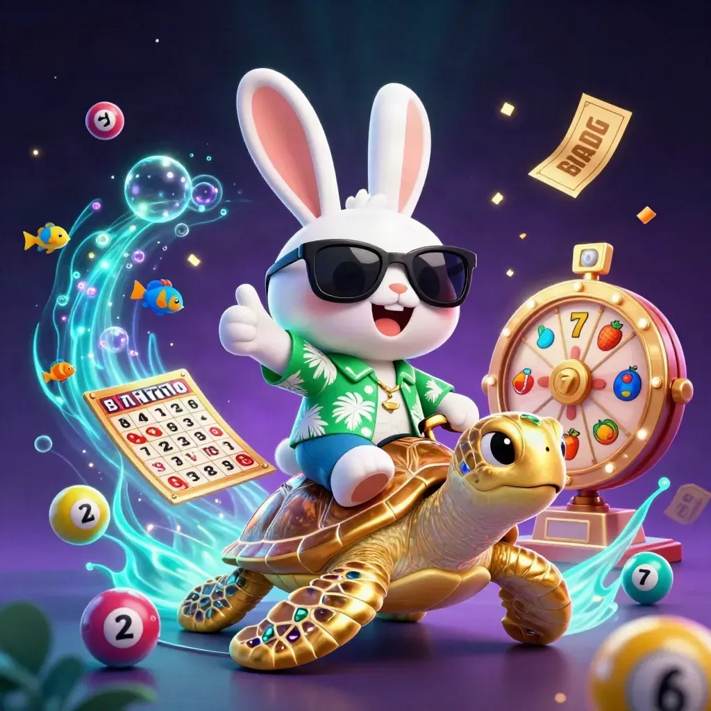 Lucky rabbit rides jeweled sea turtle as lottery balls and casino icons burst in neon glow