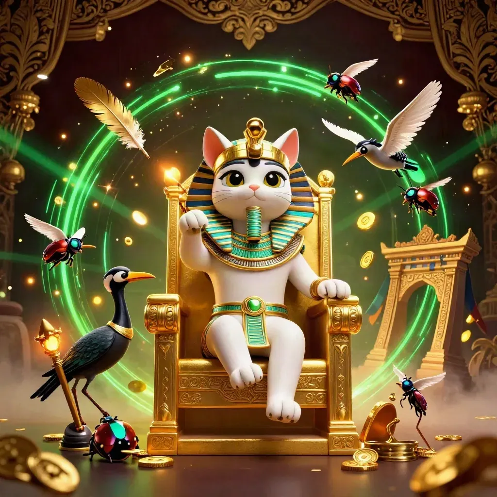 Pharaoh cat, ibis scribe and gem-wing scarabs burst amid gold, green glow, temple and damask backdrop.