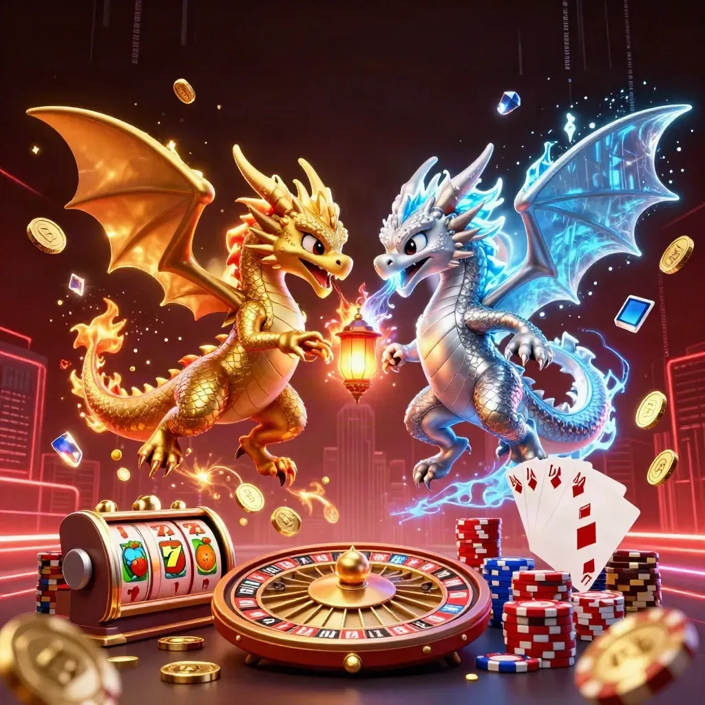 Gold and silver dragons swirl with coins, gems, poker chips, cards, and neon casino energy.
