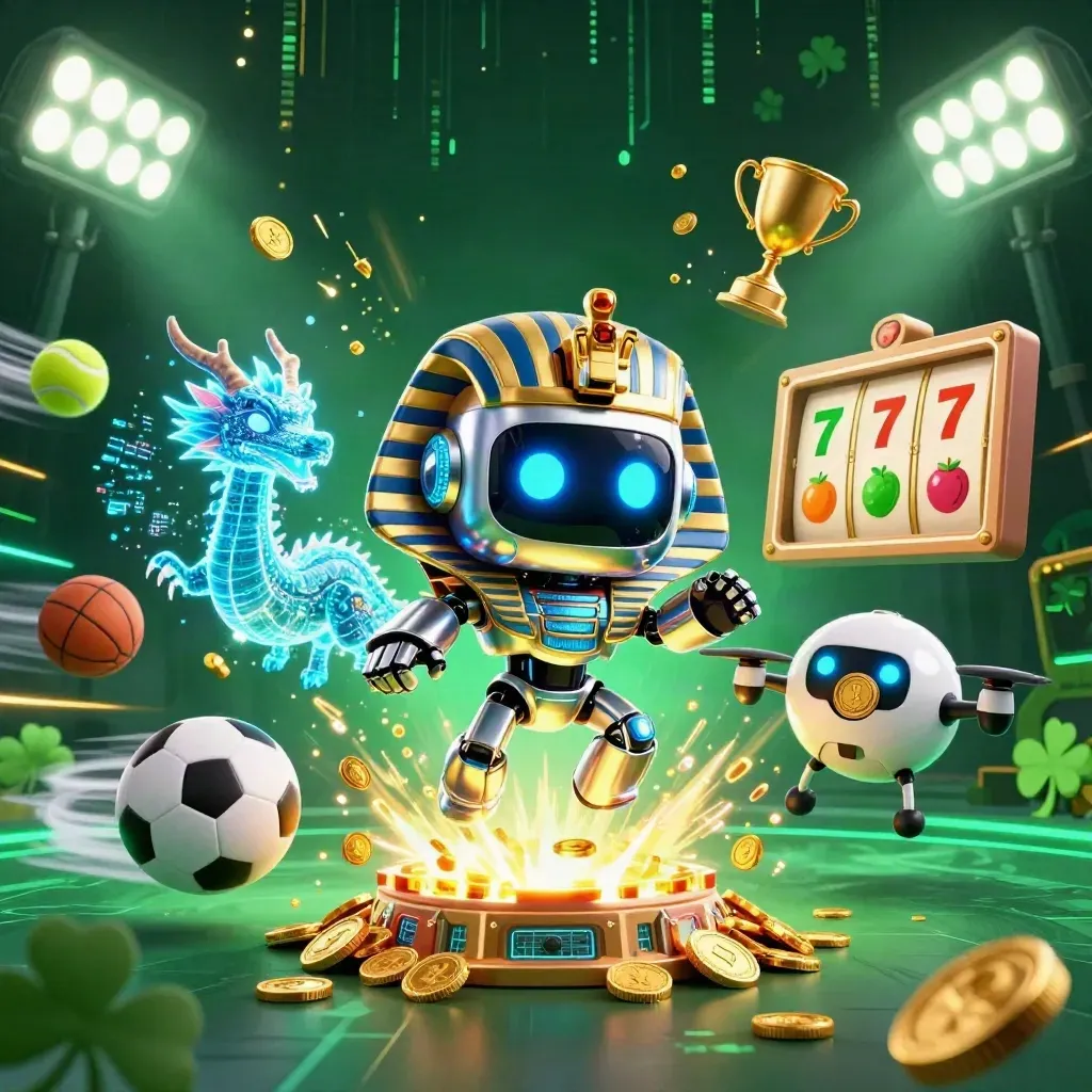Cyberpunk robot, holographic dragon, and coin drone amid sports balls, trophy, coins, and neon casino effects.