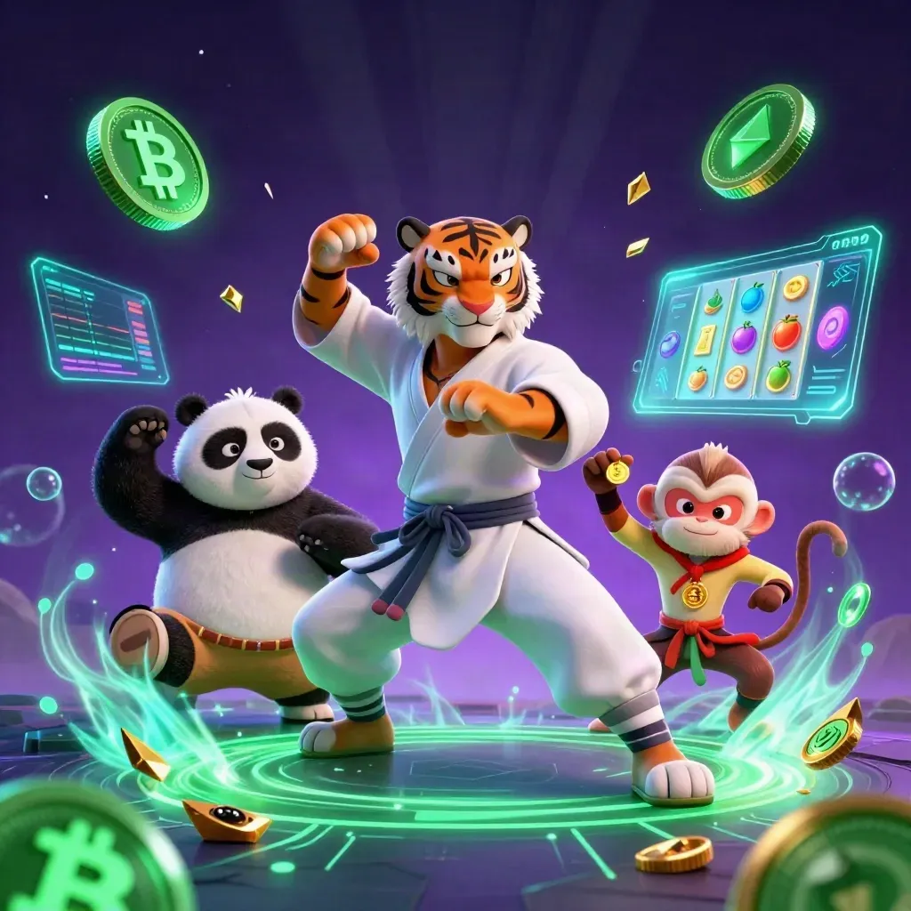Tiger master, panda disciple and monkey student amid neon crypto casino magic and treasure burst