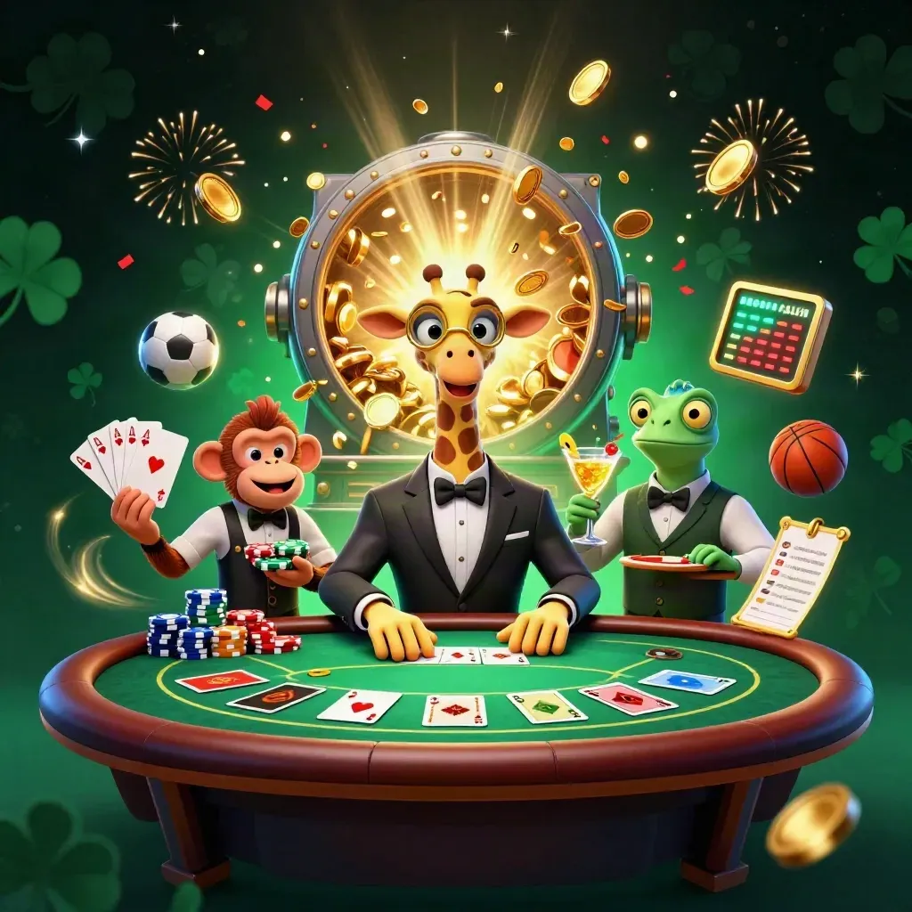 Giraffe, monkey, and chameleon celebrate amid poker chips, coins, fireworks, and casino glamour.