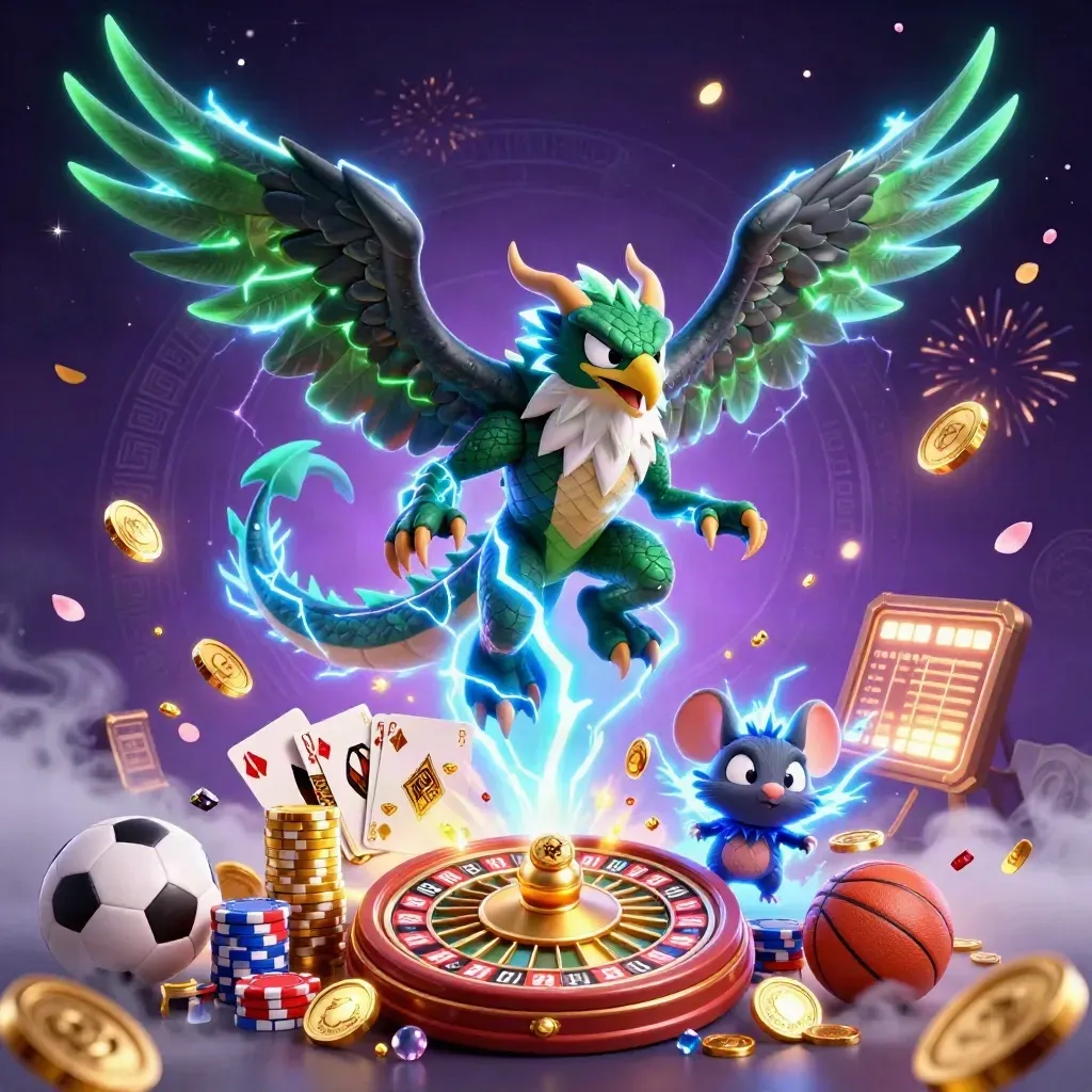 Thunder dragon, wind hawk, and thunder-mouse burst through coins, chips, cards, and fireworks.