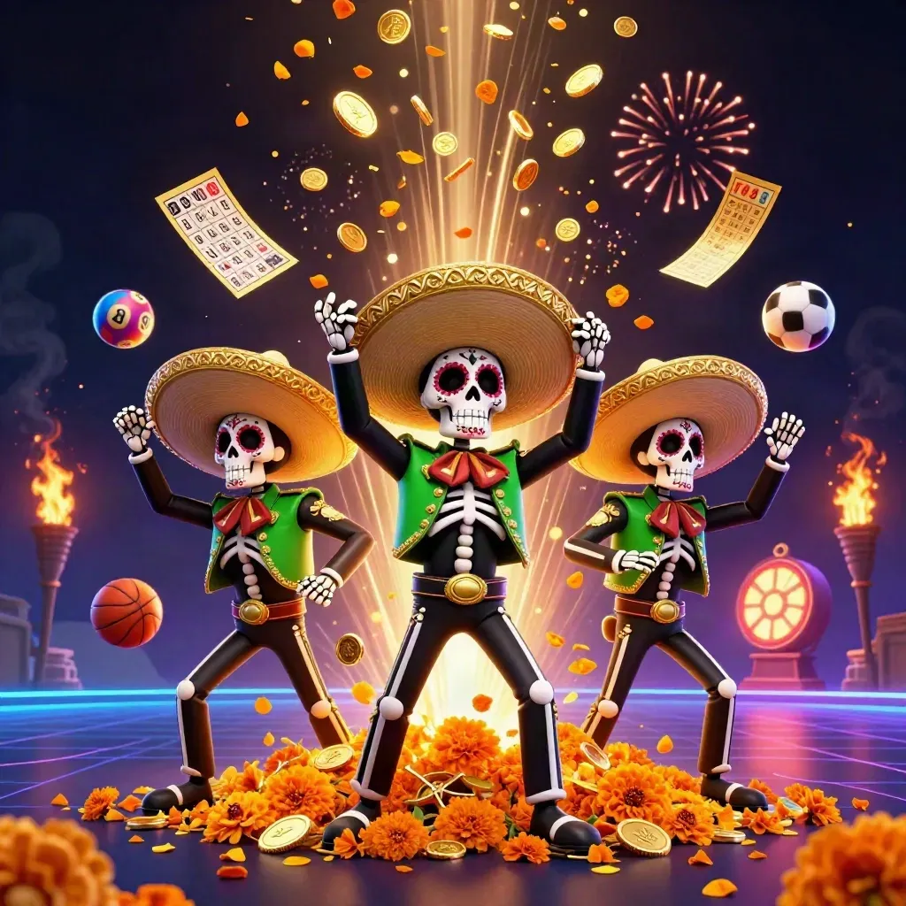 Day-of-the-Dead skeleton mariachi trio amid coins, fireworks, bingo, lottery balls and neon casino lights