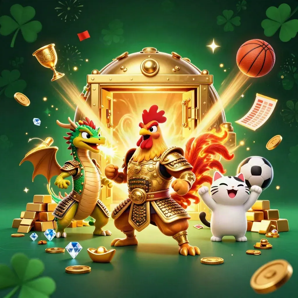 Rooster samurai, spark-breathing dragon hatchling, and fortune-cat amid exploding vault gold and sports props.