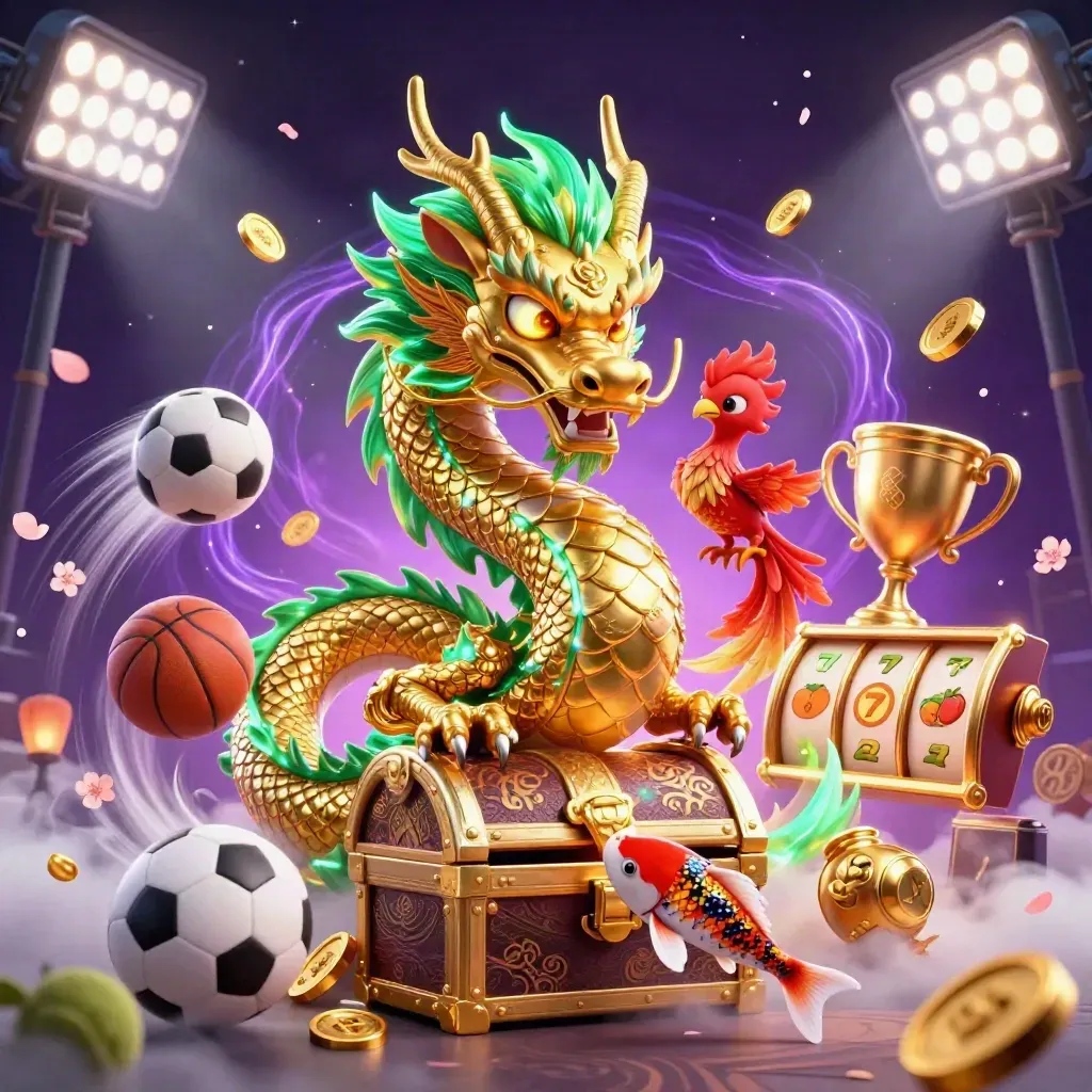 Golden dragon with phoenix and koi amid casino balls, coins, slots, and neon effects on purple-black.