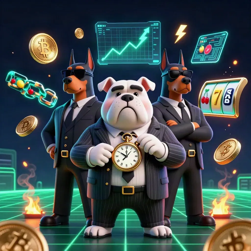 Bulldog boss and Doberman guards amid neon crypto casino effects on a dark indigo grid.