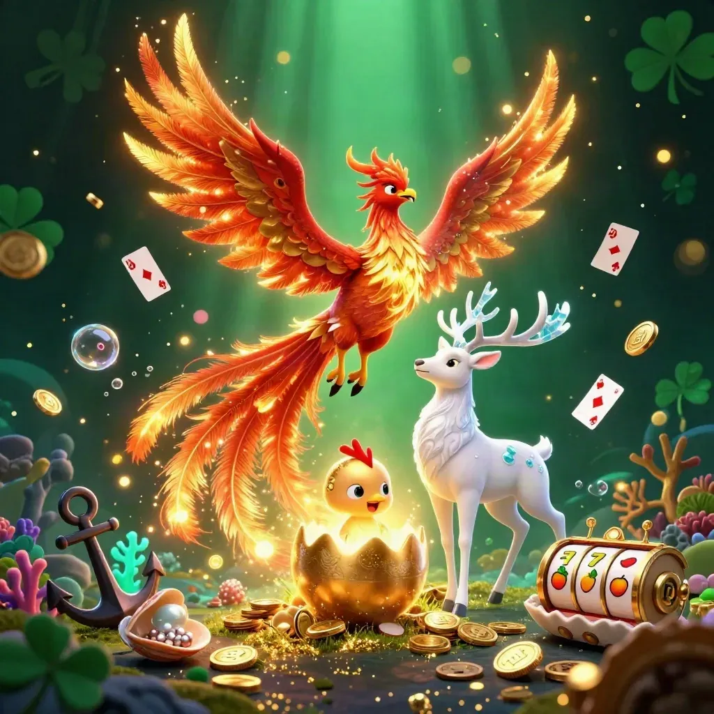 Phoenix, hatching baby phoenix, and crystalline stag amid casino treasure and glowing coin showers.