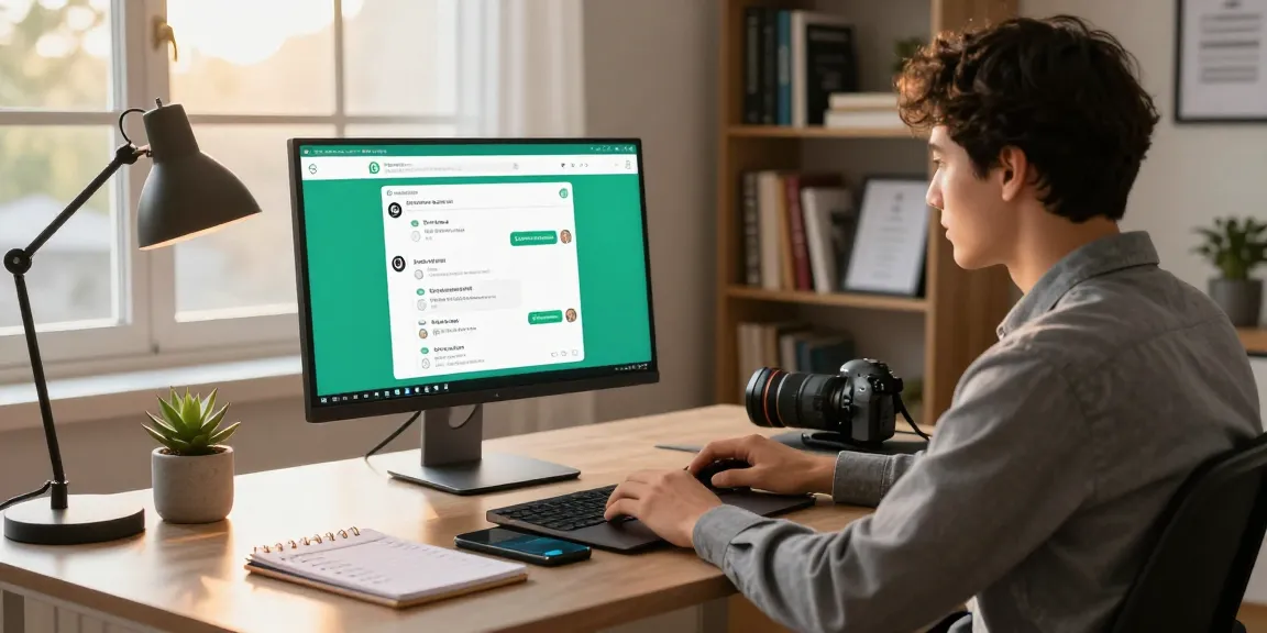Professional young adult using WhatsApp網頁版 on laptop at modern home office desk, surrounded by tech books and warm lighting.