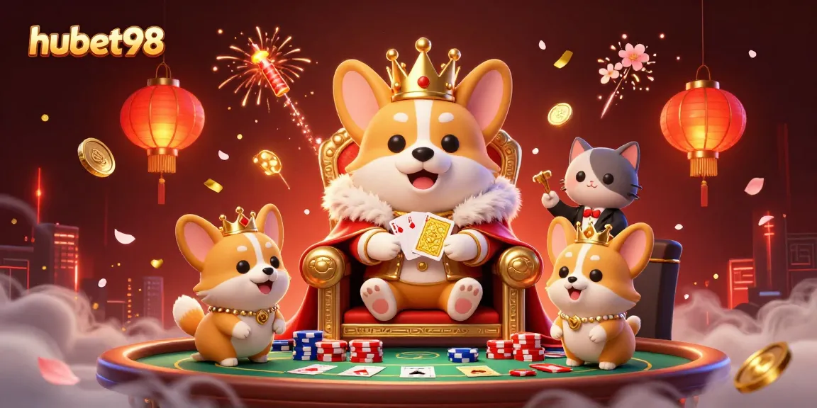 Engage in thrilling gaming at hubet98 with our vibrant illustration featuring a royal corgi on a poker throne.