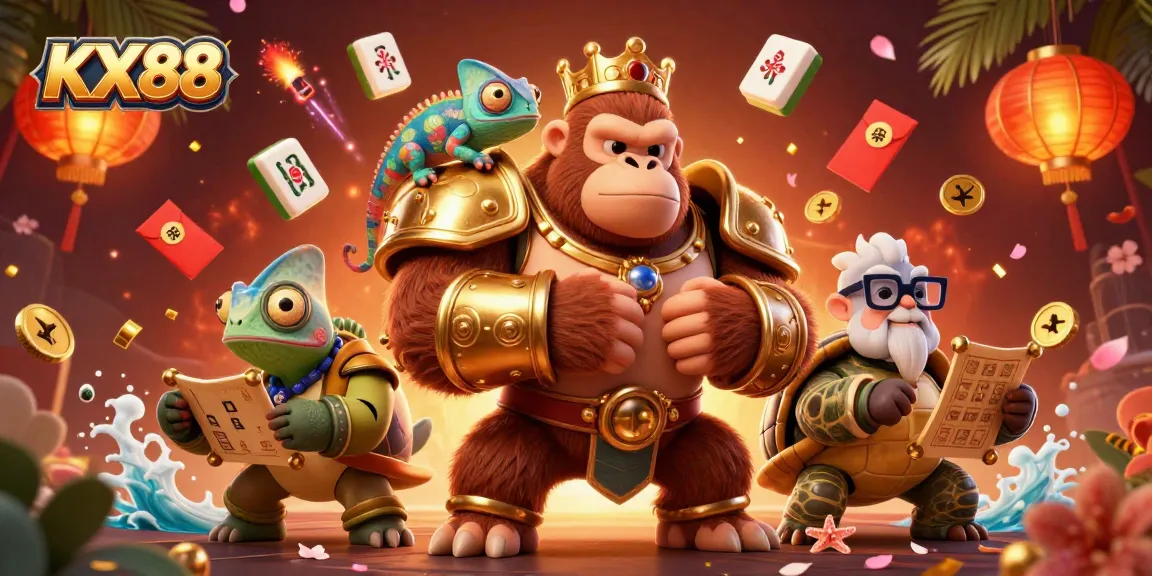 KX88 sports betting scene with a gorilla, chameleon, and tortoise surrounded by vibrant casino elements.