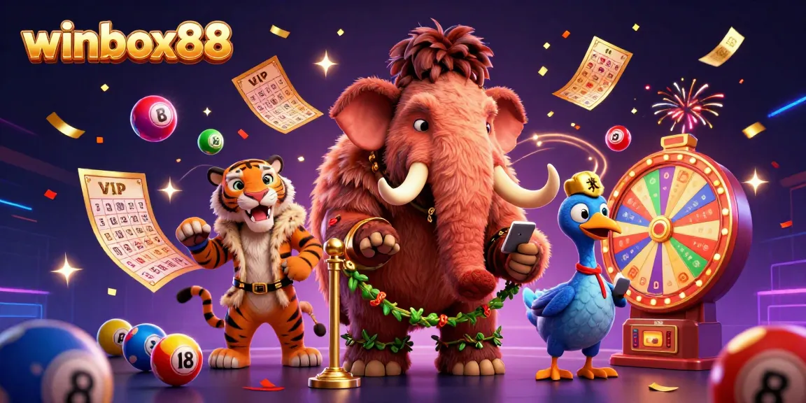 Winbox88’s vibrant casino scene features lottery balls, a bouncer mammoth, and rich celebratory elements.
