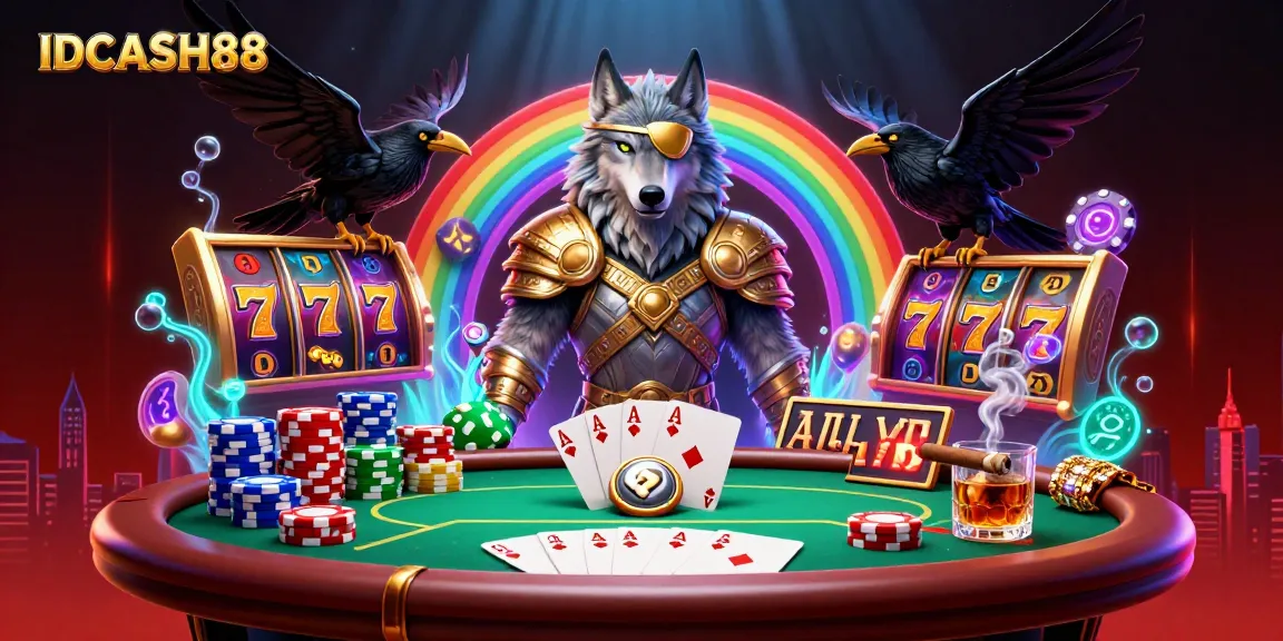 Experience thrilling gameplay at IDCASH88 with vivid visuals of wolves, ravens, and colorful casino chips.