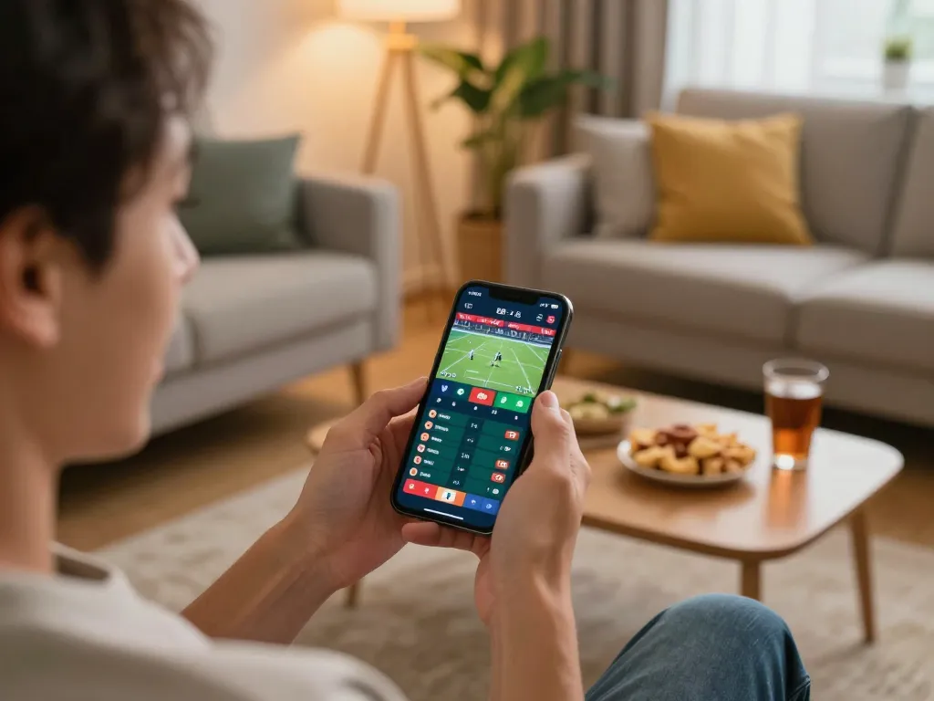 Engaging in real-time betting with 78WINCOM app in a cozy setup, showcasing the excitement of online gambling