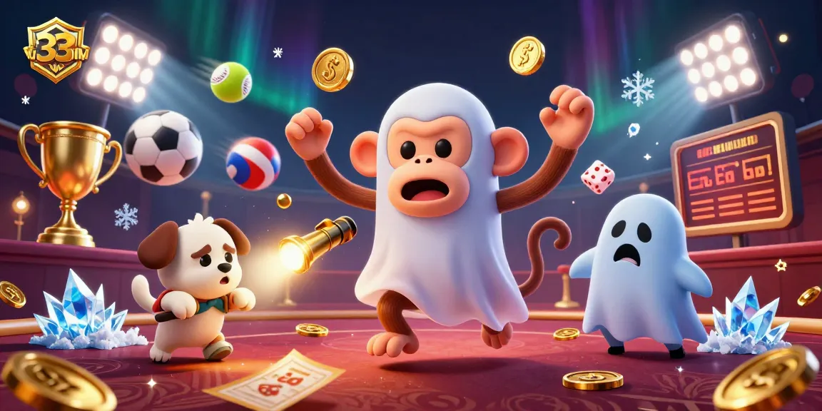 Engage in thrilling casino adventures with 33WIN as the playful poltergeist juggles golden coins and cards.
