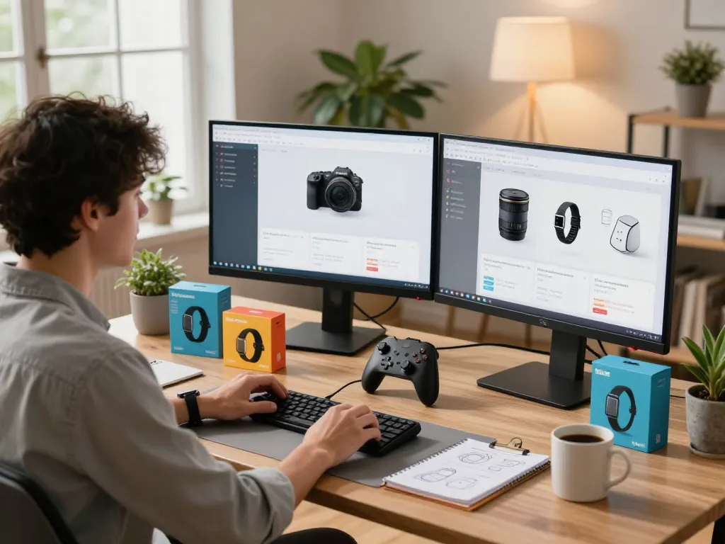 Showcase of the best tech gadgets for men in a modern home office, featuring Bluetooth devices and a tech enthusiast engaged in testing.