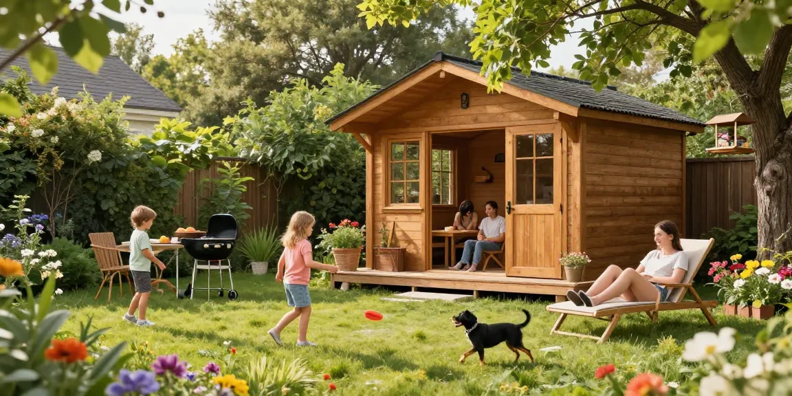 Familie genießt ihr neues Gartenhaus mit Spiel und Entspannung im Garten.
