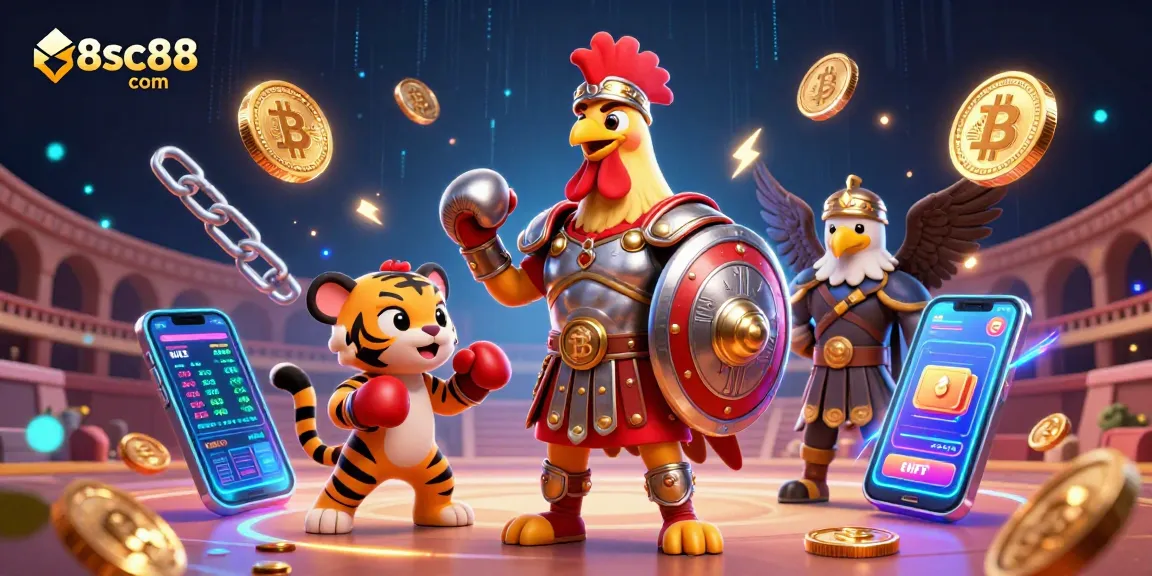 Experience excitement at 8sc88 com with an epic scene showcasing a gladiator rooster and tiger cub in a dazzling casino environment.