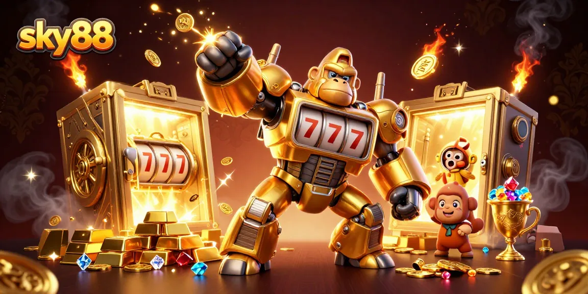 Sky88 online casino illustration featuring a golden gorilla mech and coin-filled action.