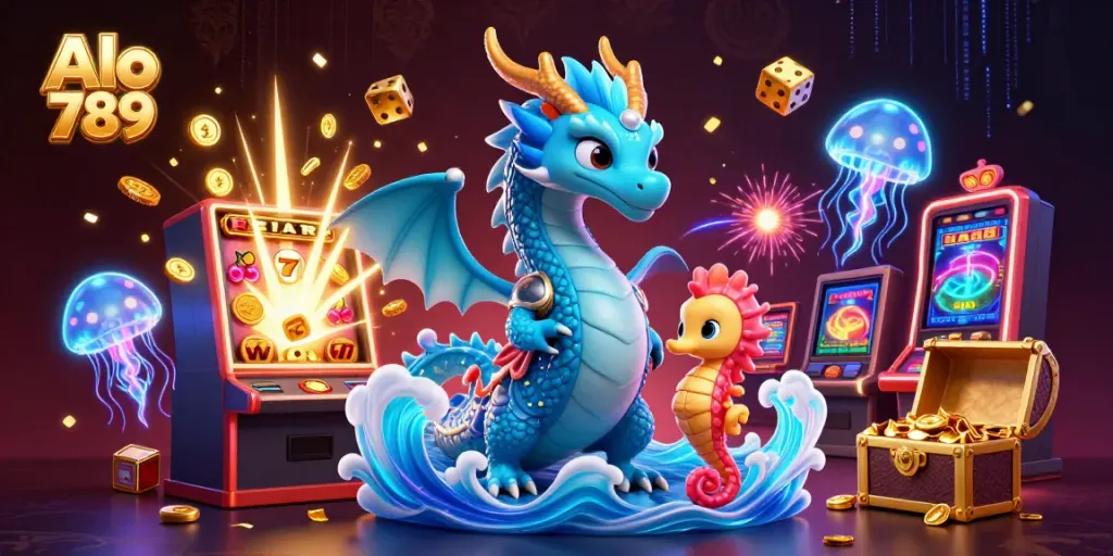 Alo 789 thriving in a dynamic 3D casino scene featuring a lively dragon, seahorse knight, and jackpot-themed elements.