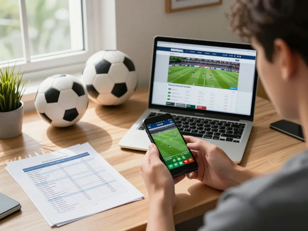 Enthusiast using NOWGOAL for live football scores with memorabilia and data on desk.