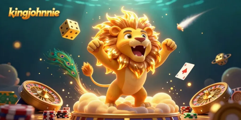Experience thrilling gameplay at kingjohnnie with a roaring sun lion and vibrant casino elements.