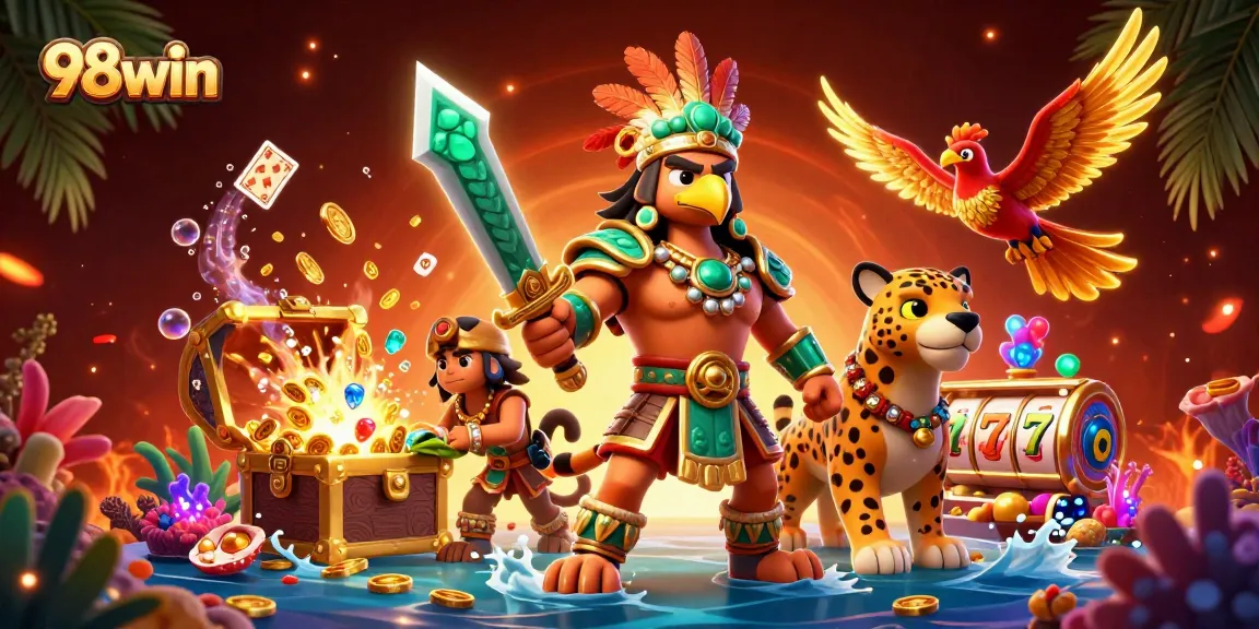 Experience thrilling gameplay with 98win's immersive slots, surrounded by vibrant treasures and exciting game elements.