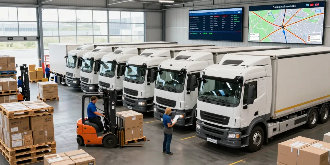 LKW Spedition Dortmund Flotte in einem modernen Lager mit Logistikmanagern und Fahrern, die Sendungen koordinieren.