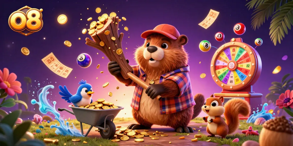 Experience the fun at o8 with a cartoon beaver chopping a coin tree, as lottery elements create excitement.