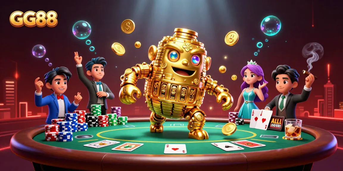 GG88 helps you win big with this vibrant casino scene featuring a golden golem and poker elements.
