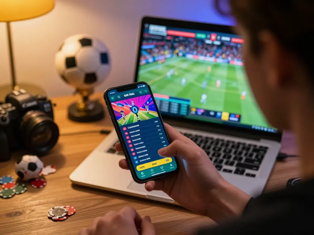 A person engaging with the keonhacaii sports betting app on their smartphone, illustrating live odds and excitement.