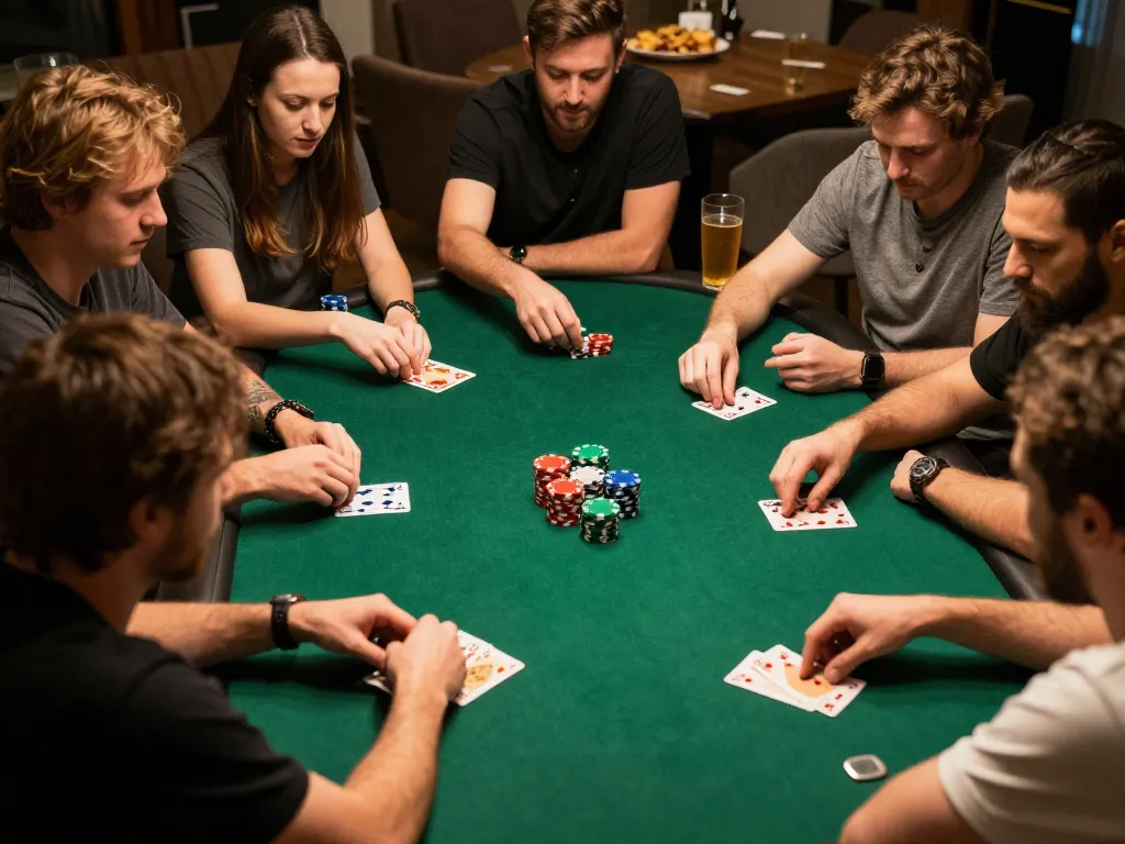 Comparatif casino sans KYC lors d'une soirée poker animée entre amis, mettant en avant un jeu intense